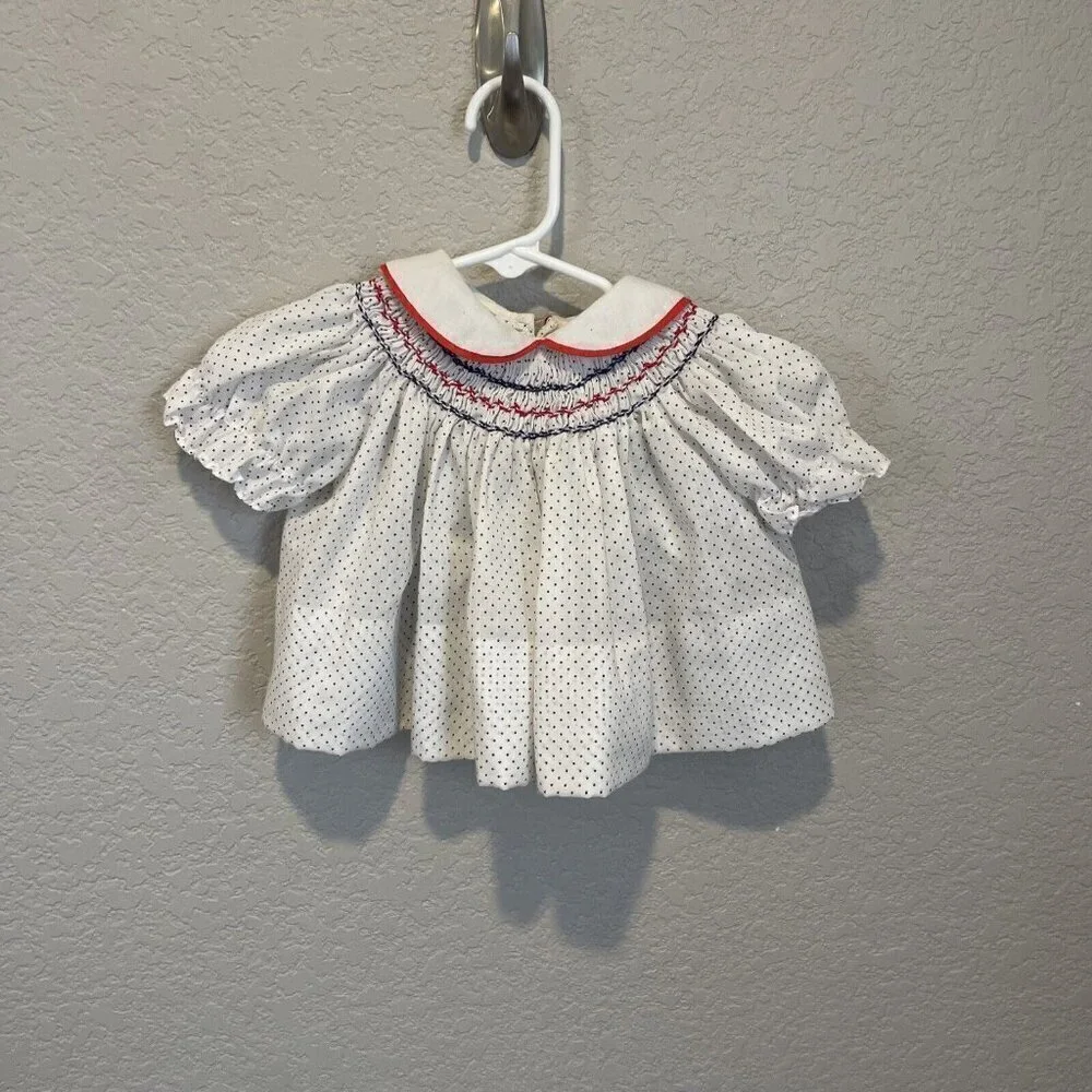 Vintage The Smockery Red White Polka Dot Smocked Dress Size Puff Sleeves 3-6M